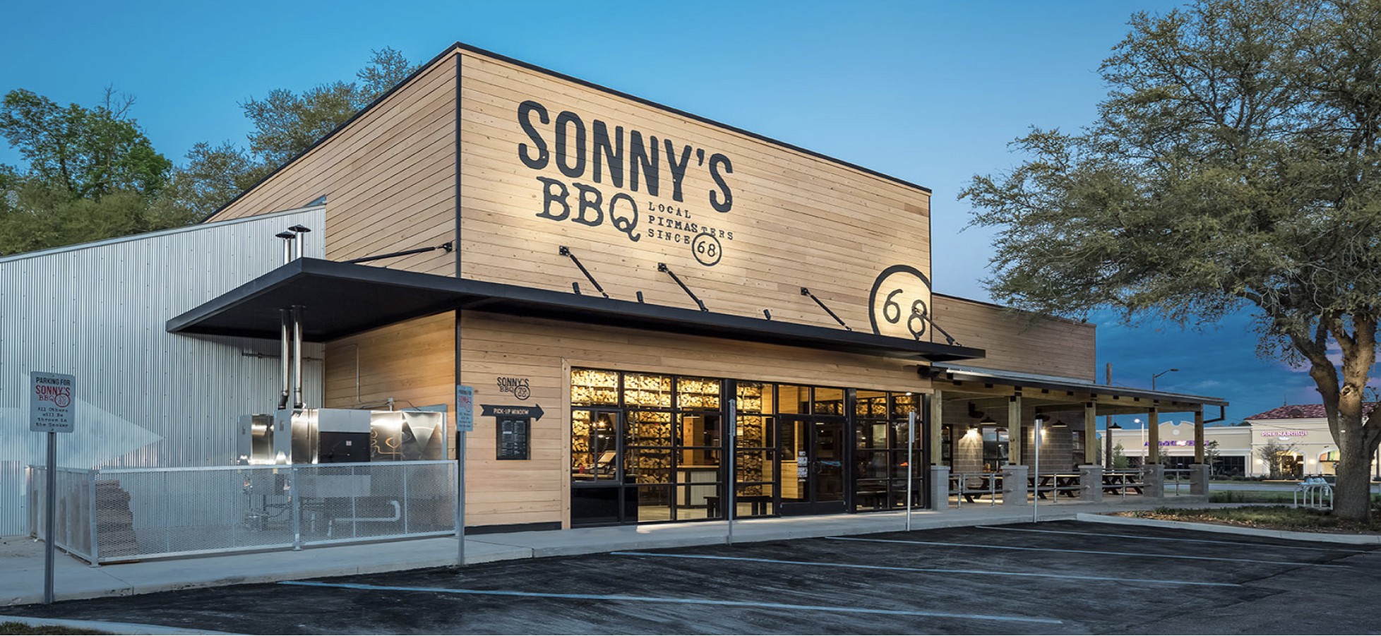 Sonny's storefront at dusk
